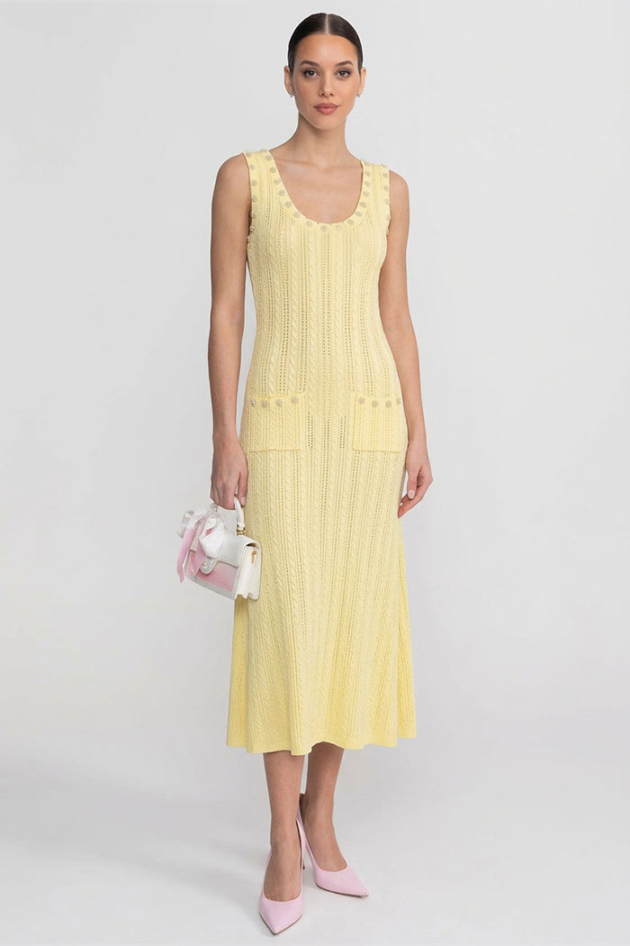 Ribbed Knit Dress and Cardigan Set With Pearl Button Detailing - Yellow Ribbed Knit Dress and Cardigan Set With Pearl Button Detailing - Yellow