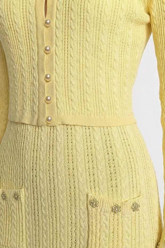 Ribbed Knit Dress and Cardigan Set With Pearl Button Detailing - Yello