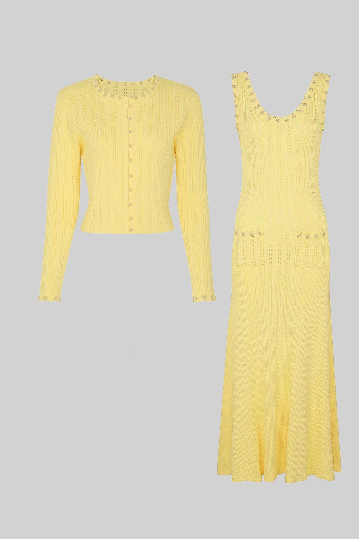 Ribbed Knit Dress and Cardigan Set With Pearl Button Detailing - Yello