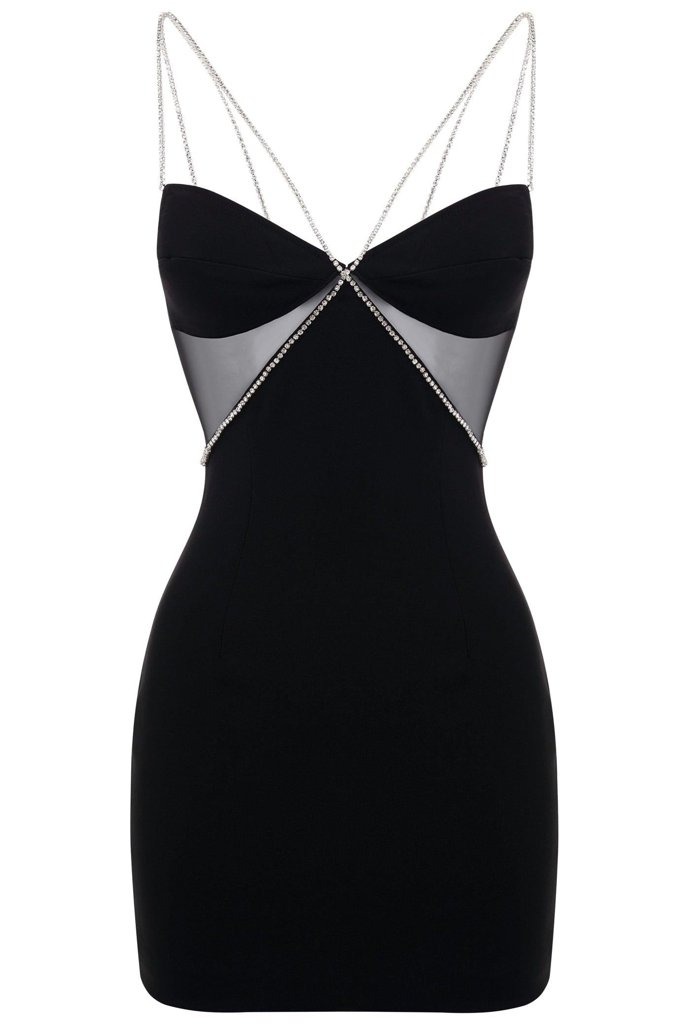 MADDY DIAMANTE STRAP CUTOUT MINI DRESS - Black - MALVI PARIS